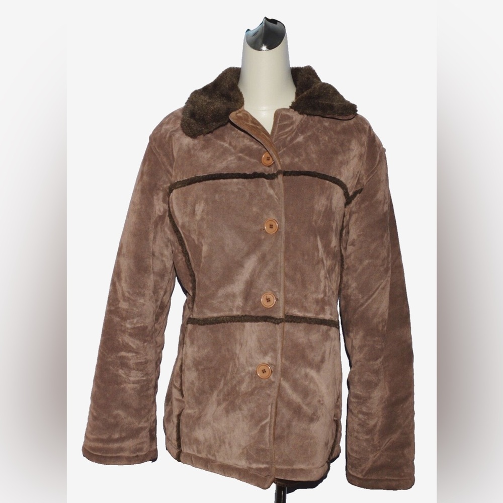 OSCAR SPORTS USA VTG 90'S SIZE L LARGE BROWN FAUX SUEDE SHEARLING JACKET COAT